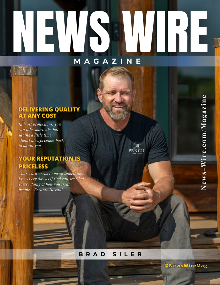 Brad Siler on the cover of News Wire Magazine, representing Pencil Log Pros and log home restoration services in Colorado, Utah, and the Rocky Mountain region.